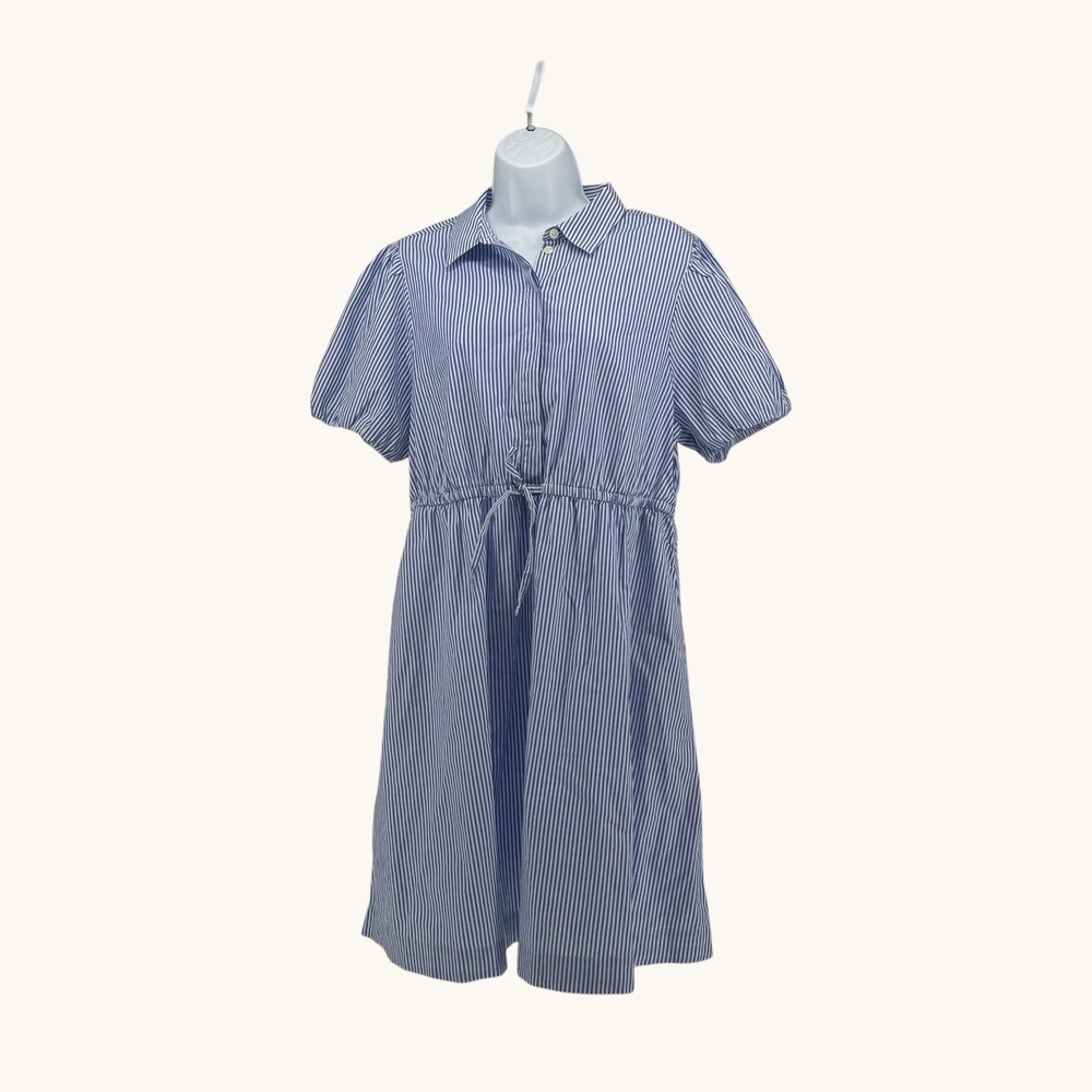 J.Crew Cotton Shirt Dress Womens size 12 Blue White Puff Sleeve Drawstring